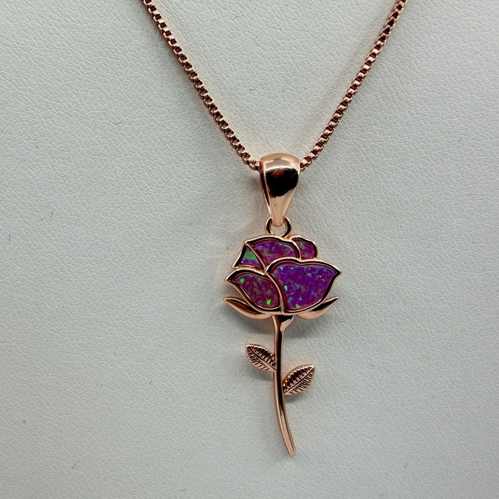 Rose Gold Tone Vibrant Purple Opal Rose Flower Pendant Necklace Romantic Gift